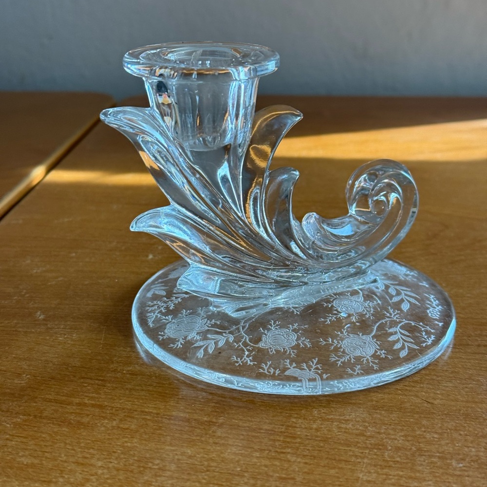 Vintage crystal clear Fostoria Baroque etched candlestick holder‎